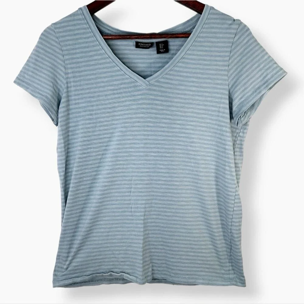 Jones New York Striped Short Sleeve V-Neck Shirt Sz S - Picture 1 of 10